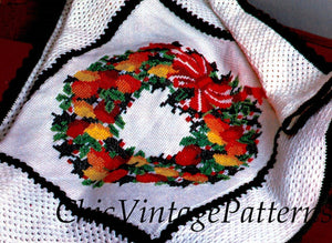 Crochet Afghan Rug Pattern, Christmas Wreath Afghan, Instant Download