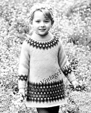 Girl's Knitted Dress Pattern, Fair Isle Trim Dress, Instant Download