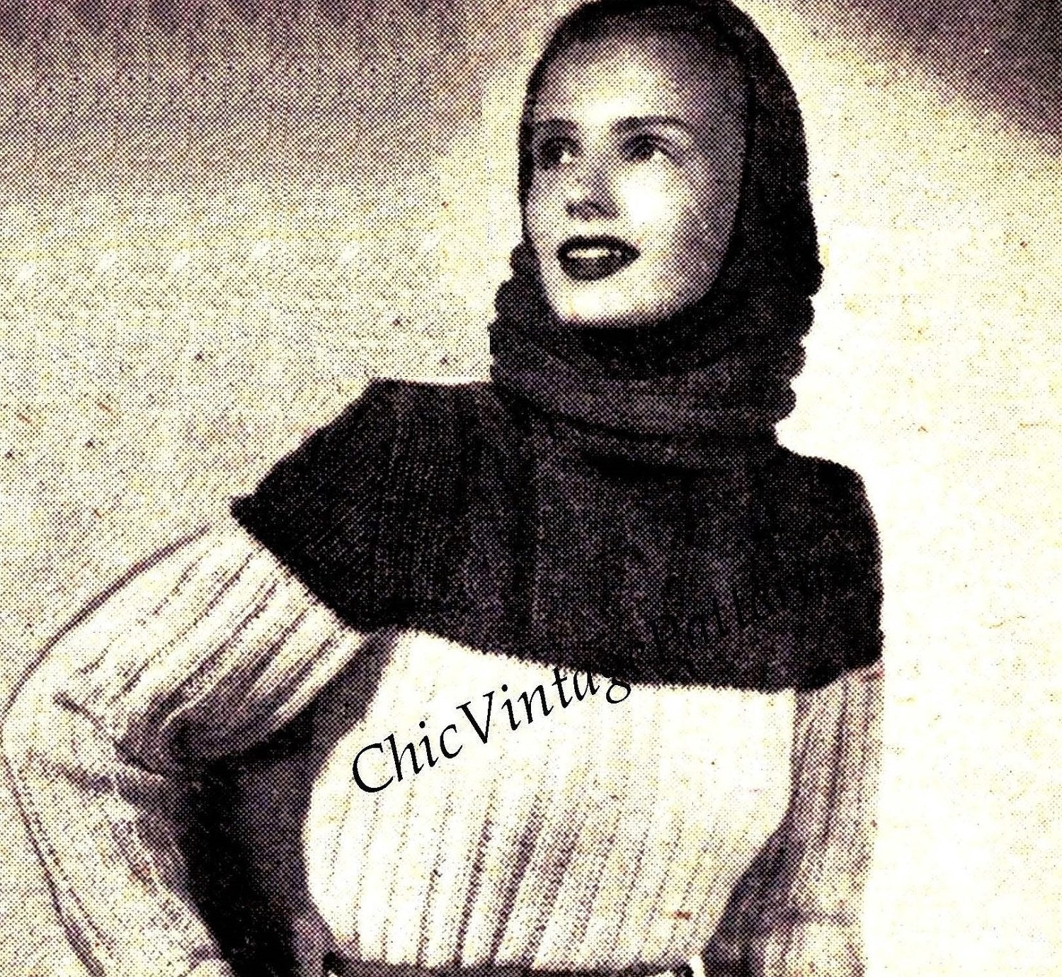 Knitted Sweater, Hood and Mittens Pattern, 1940's Ski-ing Set, Instant Download