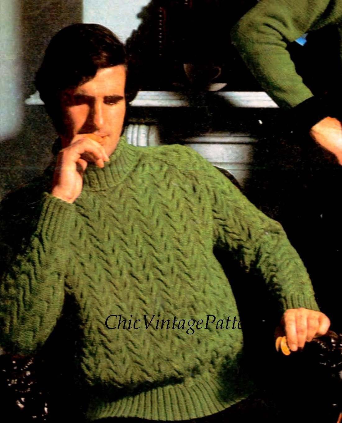 Knitted Men's Sweater Pattern, Cable Jumper with Polo Collar, Instant Download