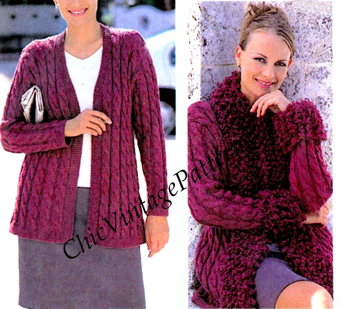 Ladies Knitted Cable Cardigan PDF Pattern, Detachable Poodle Knit Collar and Cuffs