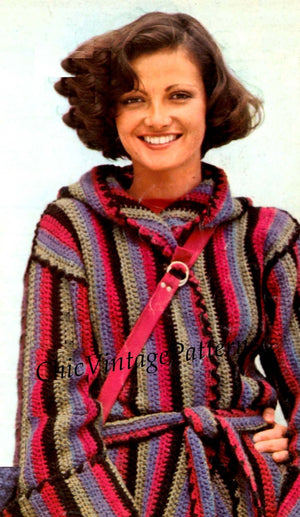 Crochet Jacket Pattern, Ladies Hooded Wrap Coat and Hat, Instant Download