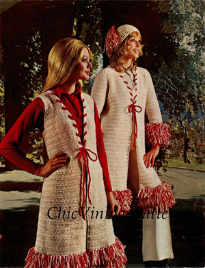 Crochet Coat, Vest and Hat Pattern, Ladies Retro Fringed Coat, Instant Download