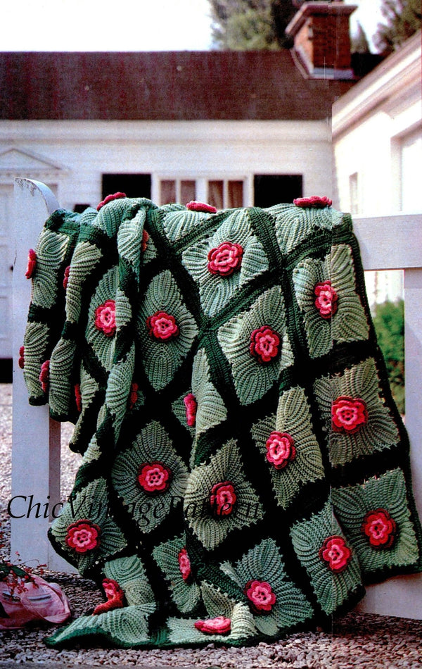 Crochet Afghan Rug Pattern, Irish Rose Motif ChicVintagePatterns