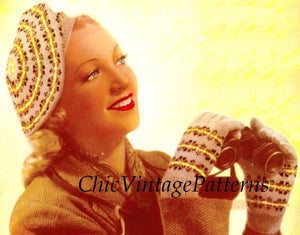 Knitted Beret and Gloves Pattern, Ladies Fair Isle Pattern, Instant Download