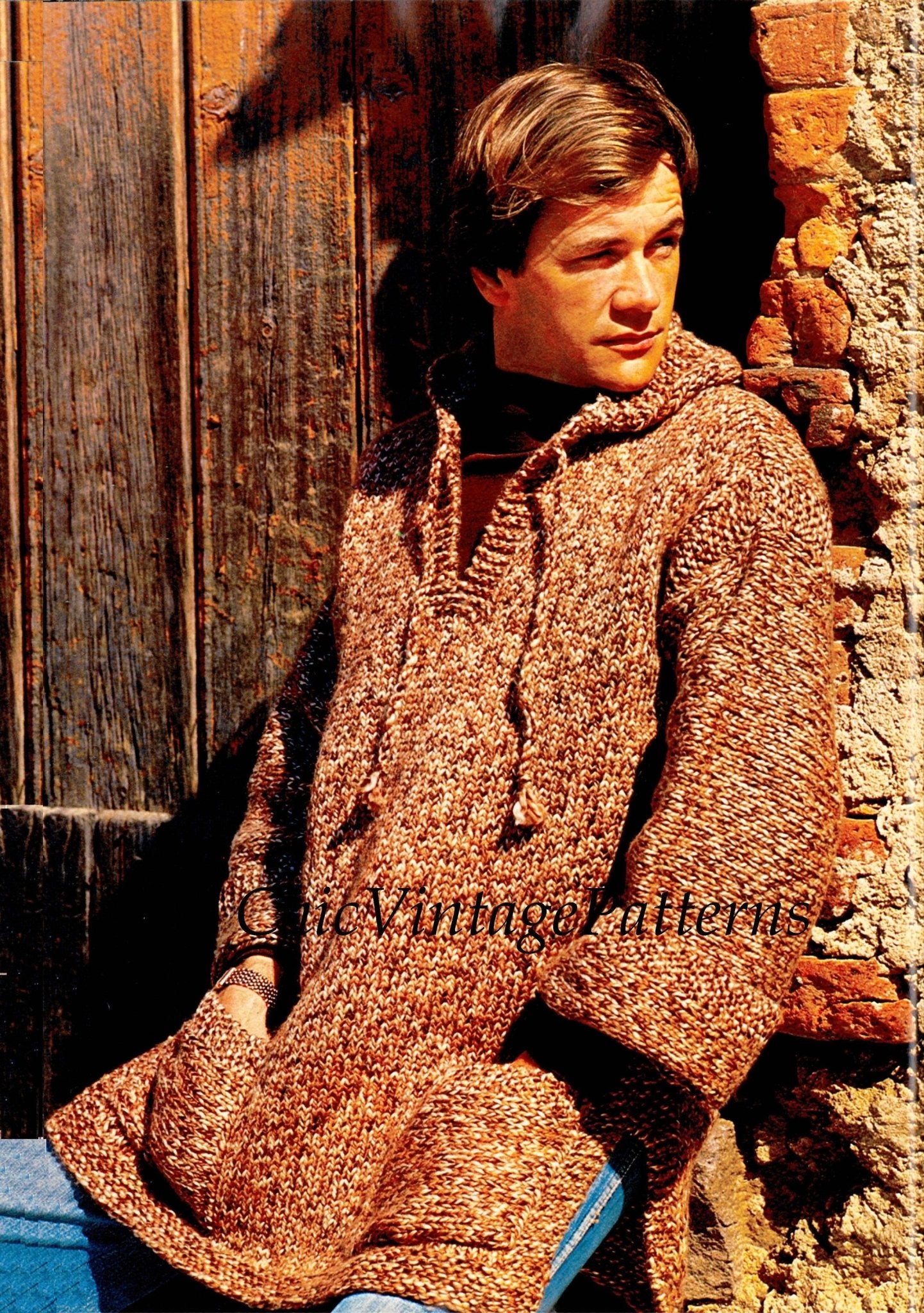 Mens Knitted Sweater, Vintage Hooded Sweater Pattern, Instant Download