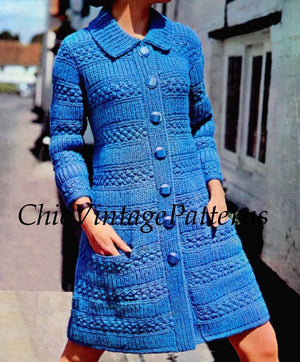Knitted Coat Pattern, Retro Ladies Coat, 1970's, Instant Download Pattern