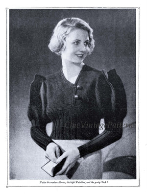 1930's Ladies Sweater Knitting Pattern, Instant Download