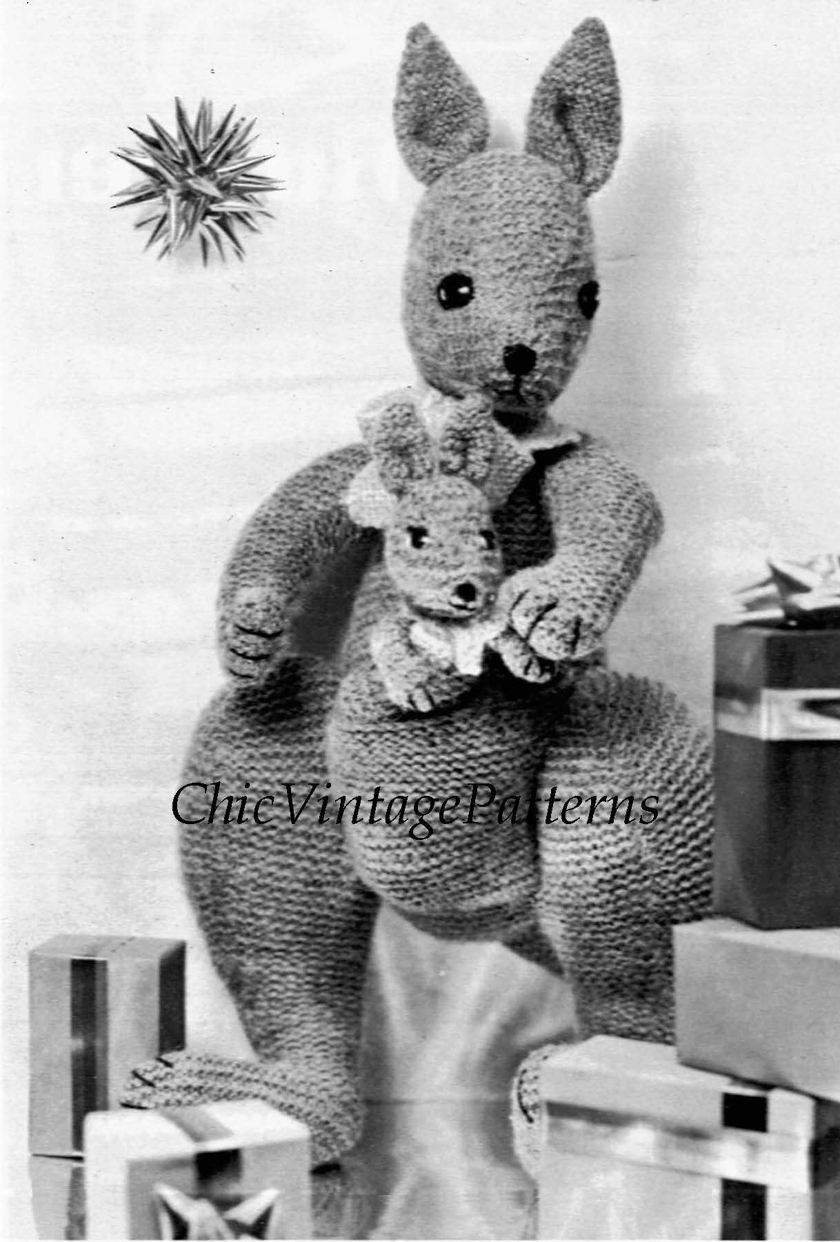 Knitted Kangaroo and Baby Pattern, Vintage Soft Toy, Instant Download