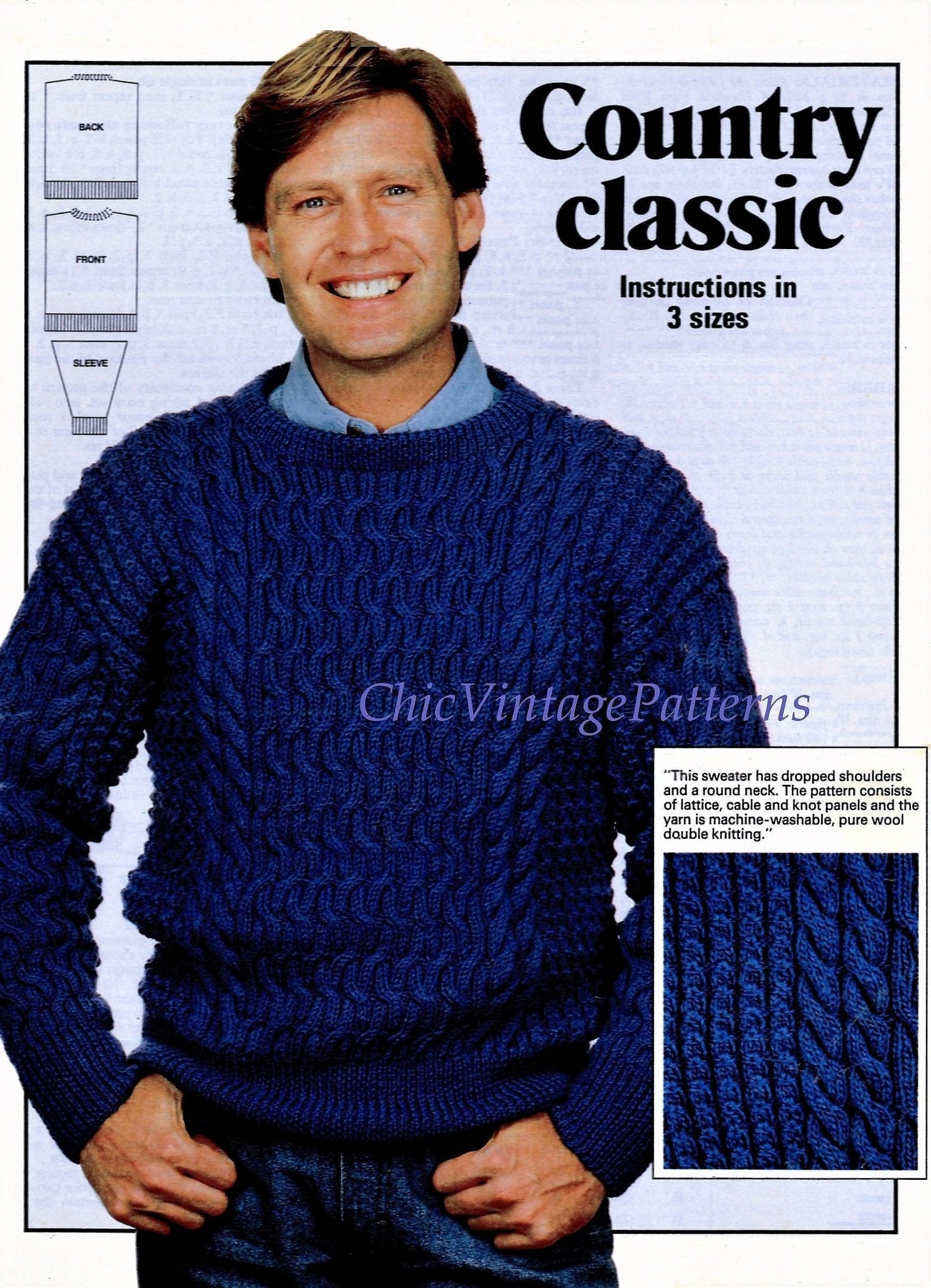 Mens Knitted Sweater, Traditional Classic Pattern, Instant Download