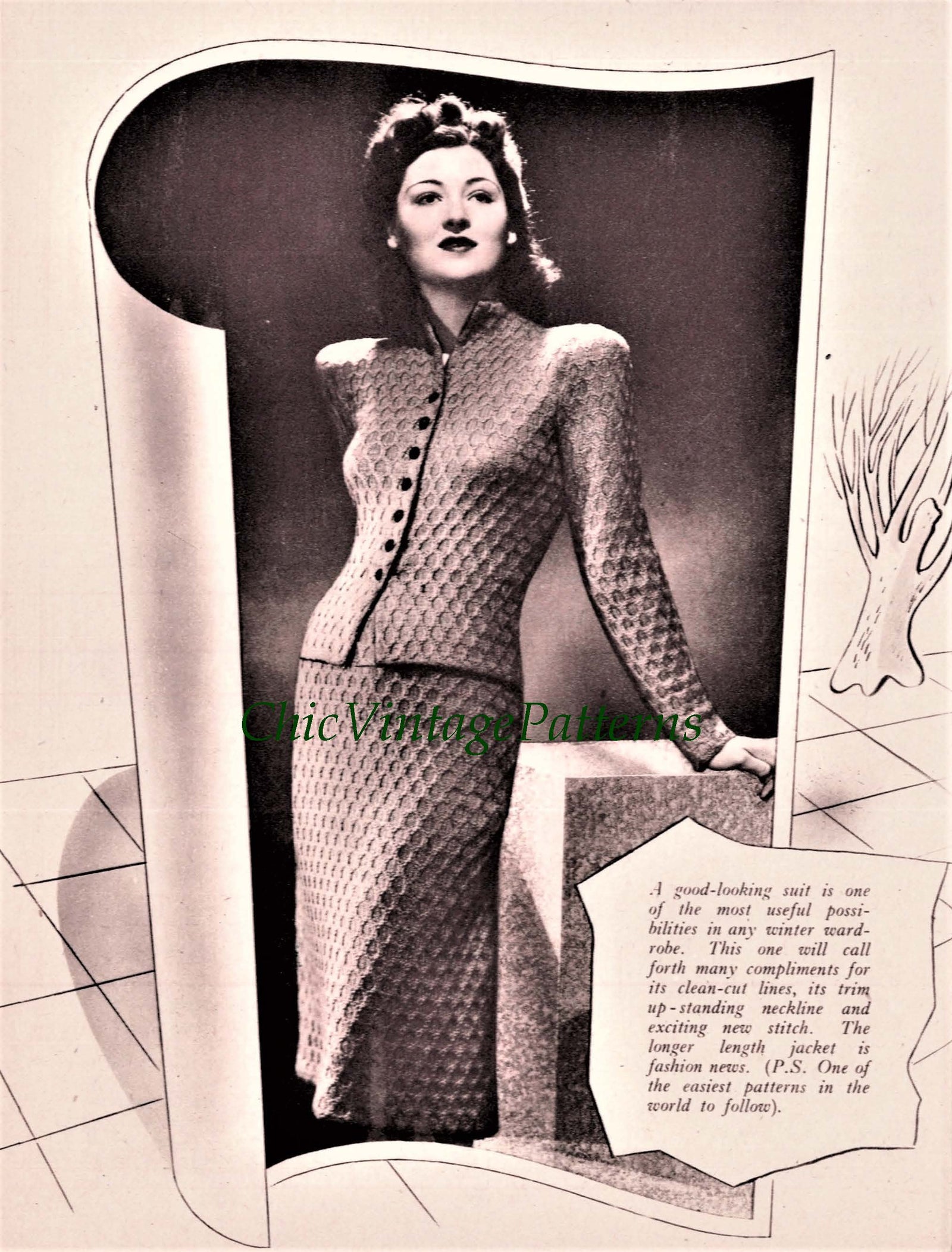 Ladies Knitted Suit Pattern, Vintage 1942 Pattern, Instant Download