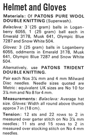 1970's Ladies Balaclava Helmet and Gloves, PDF Knitting Pattern