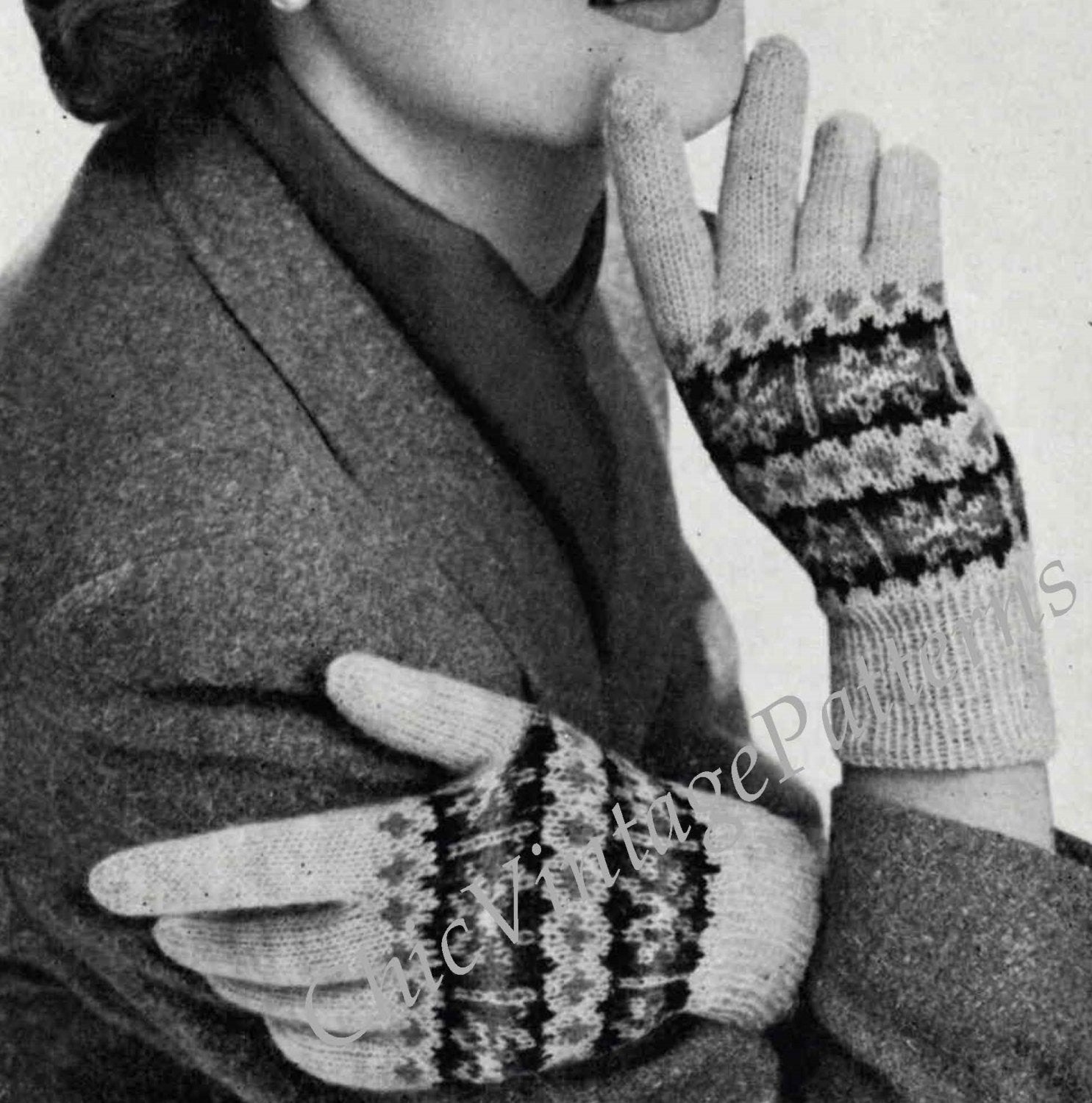 1950's Knitted Gloves, Ladies Fair Isle Gloves, Digital Pattern
