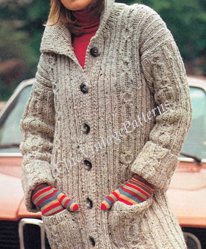 Ladies Knitted Cable Coat Pattern, Long Line Coat, Instant Download