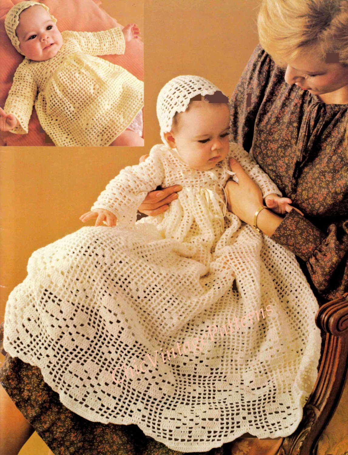 Babies Crochet Dress, Christening Robe and Bonnet, Instant Download