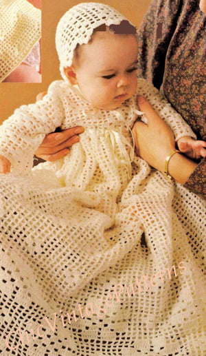 Babies Crochet Dress, Christening Robe and Bonnet, Instant Download