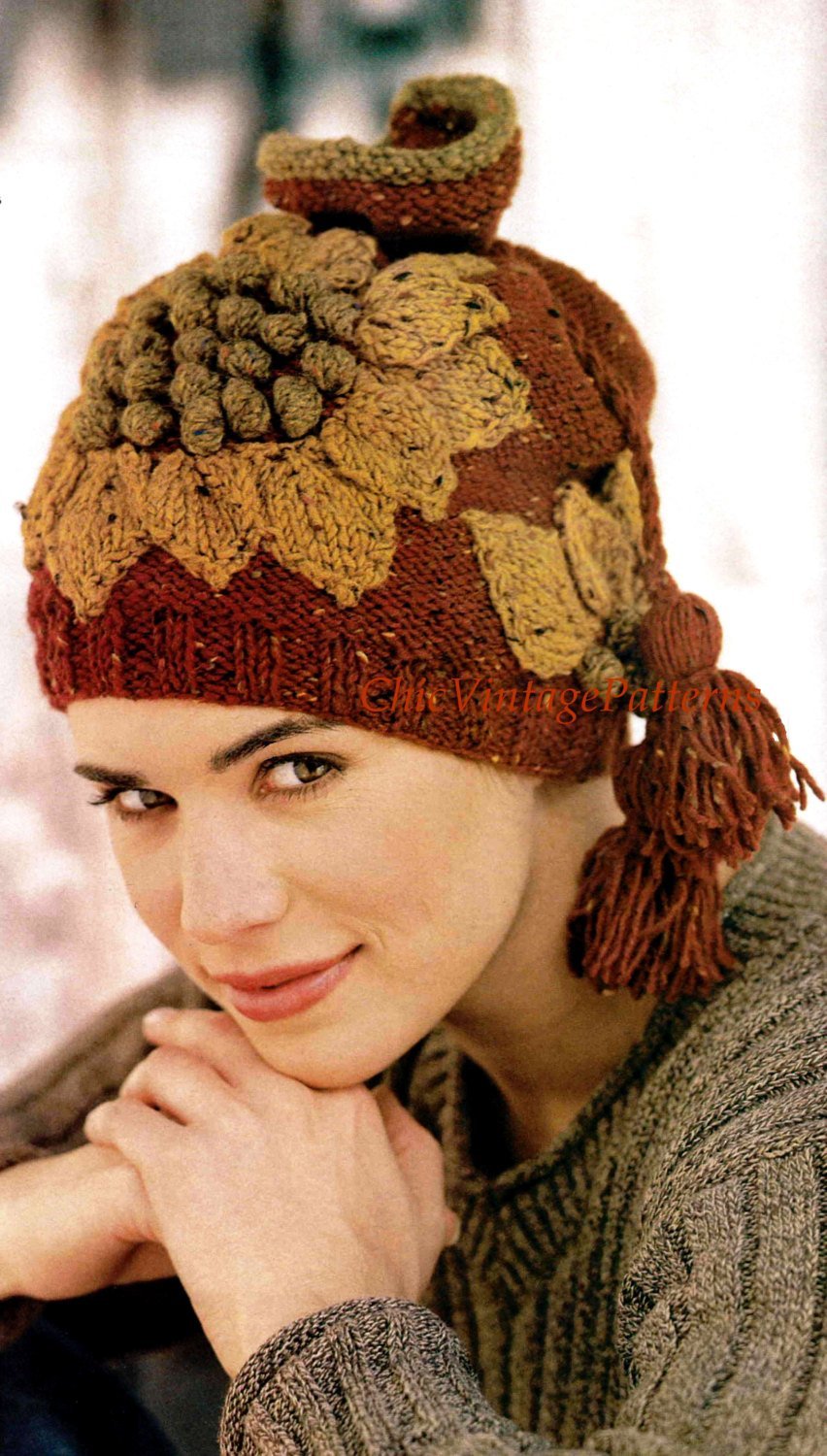 Knitted Ladies Hat Pattern, Sunflower Trim, Instant Download