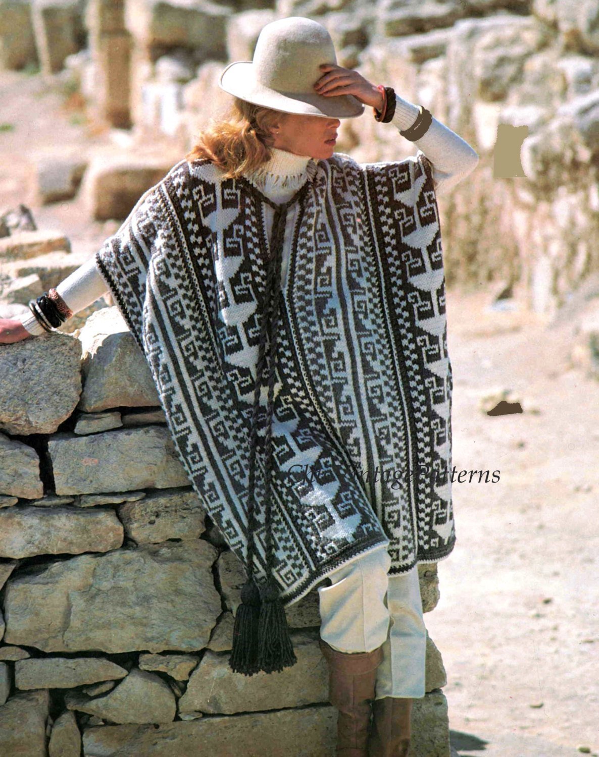 1970's Poncho Knitting Pattern, Inca Style, Fair Isle, Instant Download