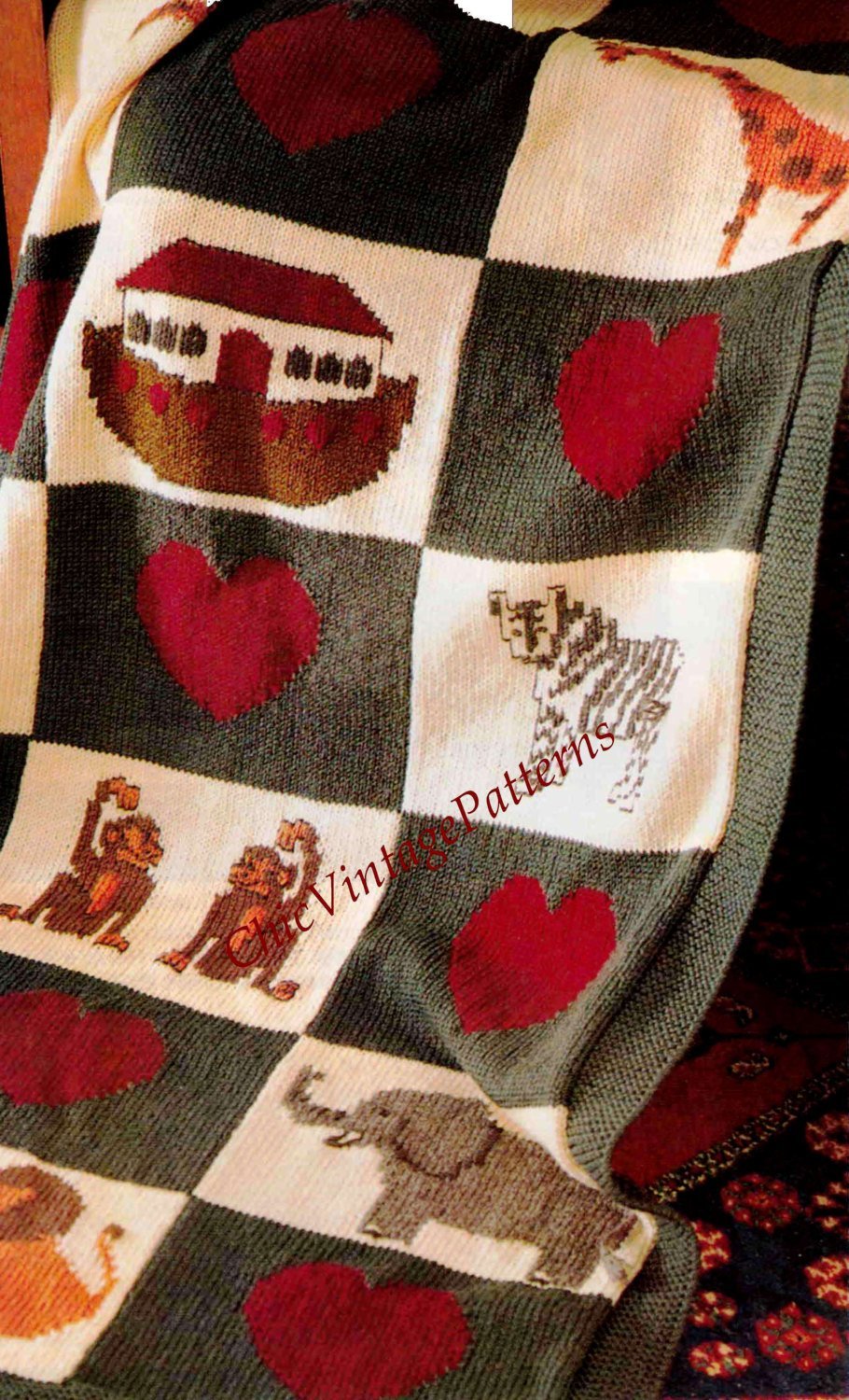 Knitted Rug Pattern, Childrens Noah's Ark Cot Rug, PDF Knitting Pattern