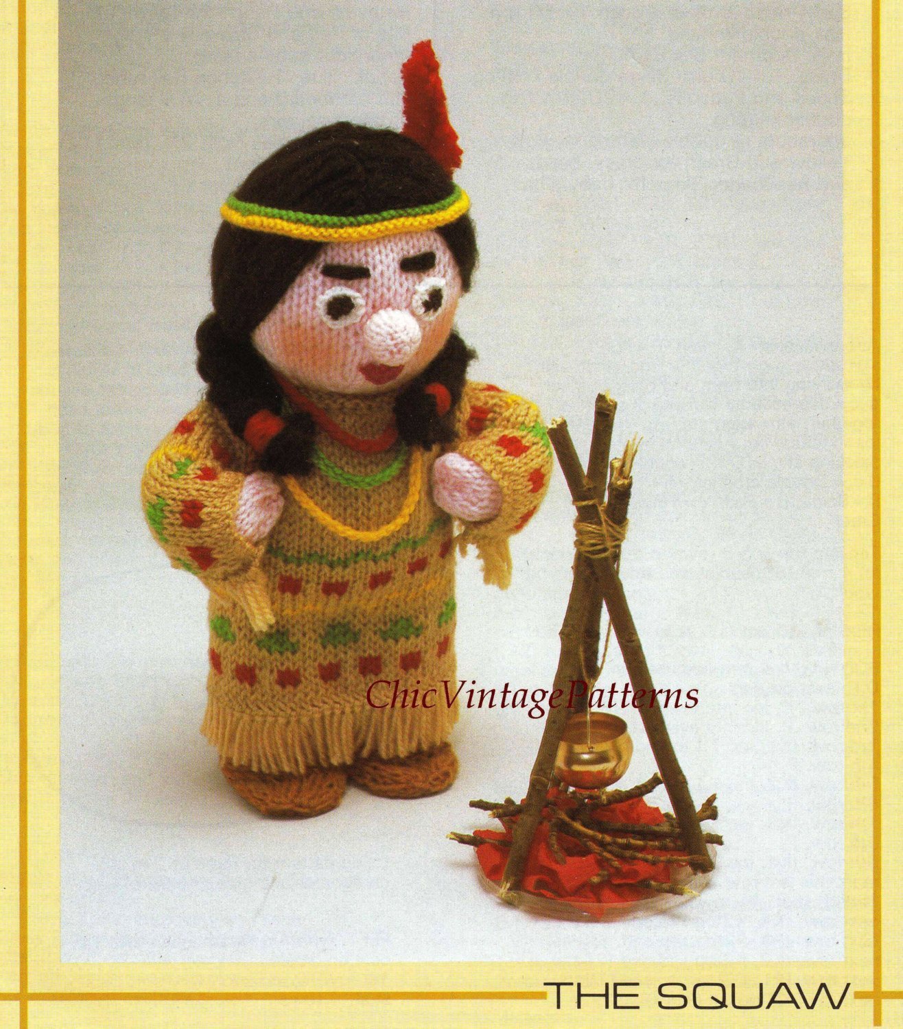 Knitted Soft Toy Pattern, Indian Squaw, Instant Download