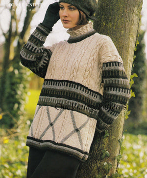 Knitted Ladies Sweater Pattern, Cable Tunic Style, Polo Neck, Digital Pattern