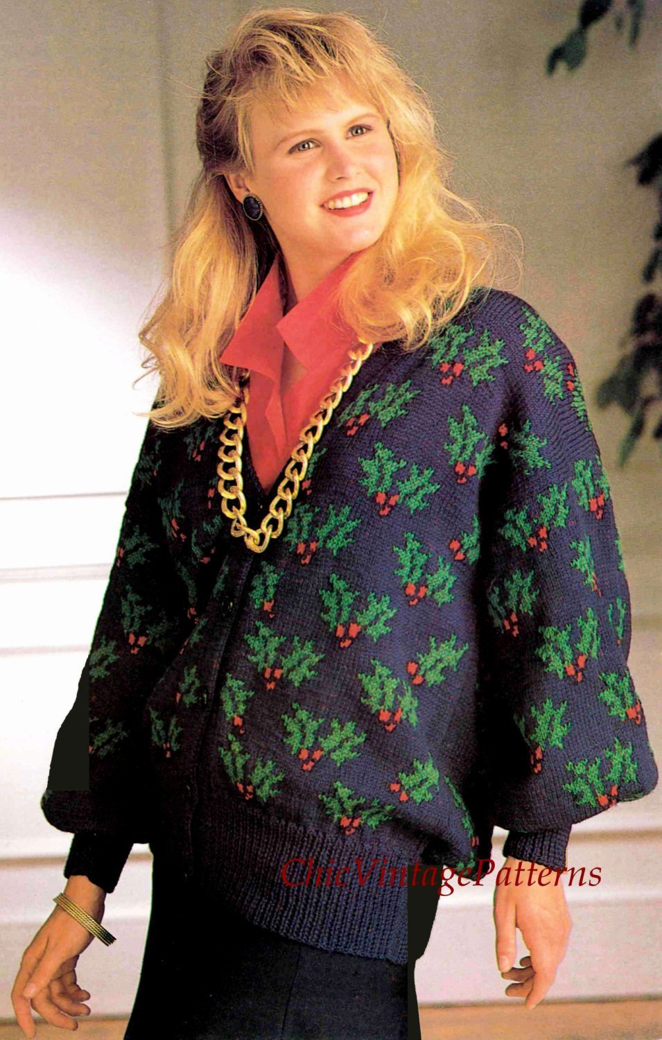 Ladies Knitted Christmas Cardigan Pattern, Holly Jacket, Instant Download