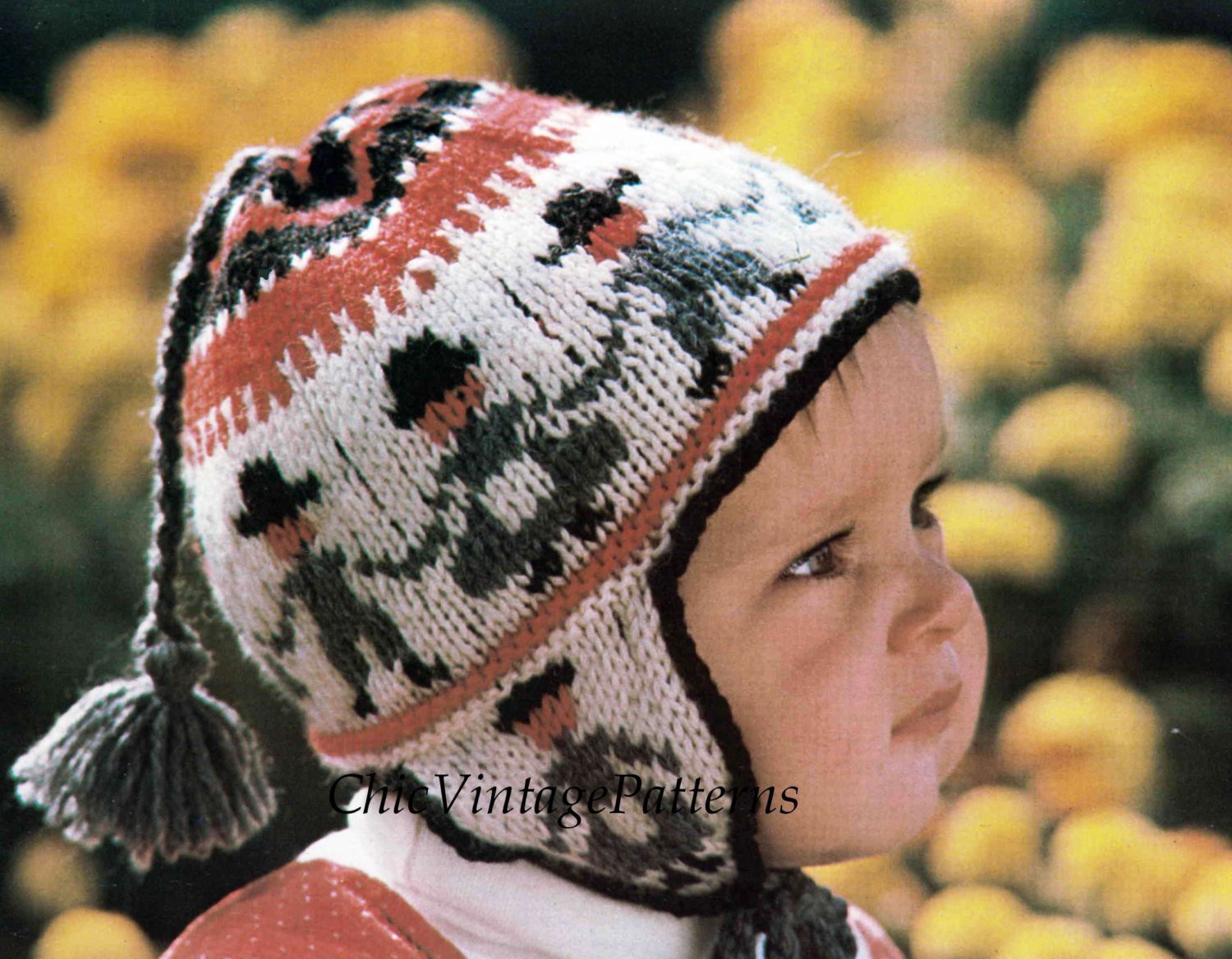 Babies Hat knitting Pattern, 1970's Fair Isle Helmet Hat, Digital Download