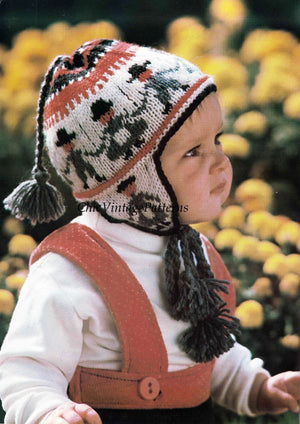 Babies Hat knitting Pattern, 1970's Fair Isle Helmet Hat, Digital Download