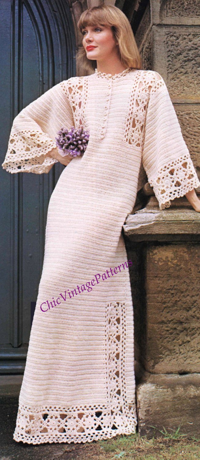 Ladies Crochet Dress Pattern, Long Retro Dress, Instant Download