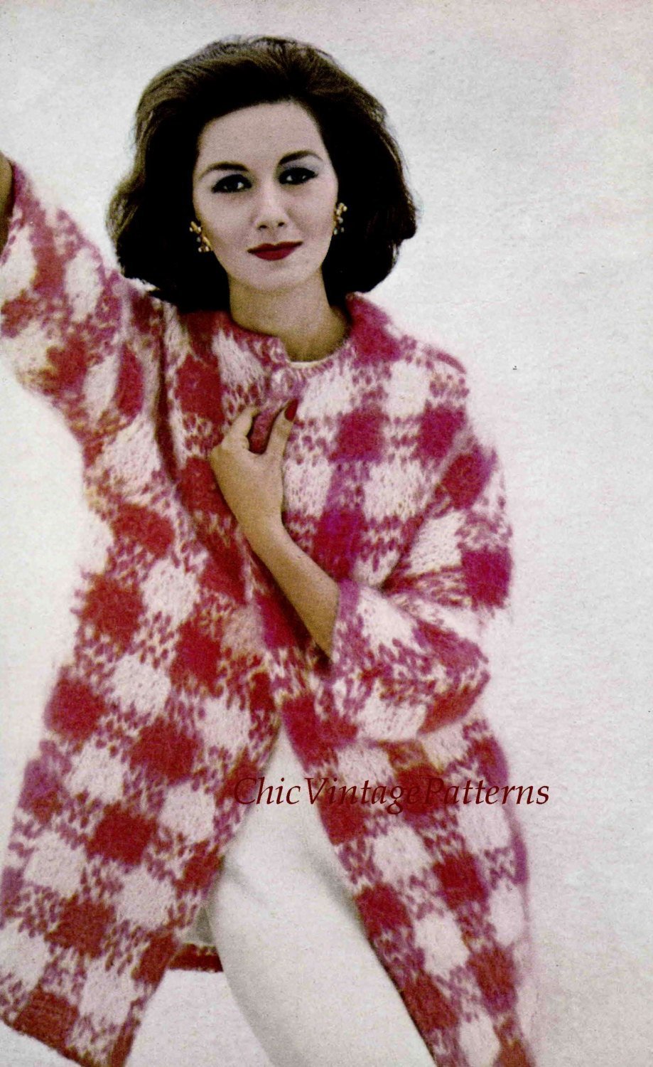 Knitted Ladies Mohair Check Coat Pattern, Instant Download