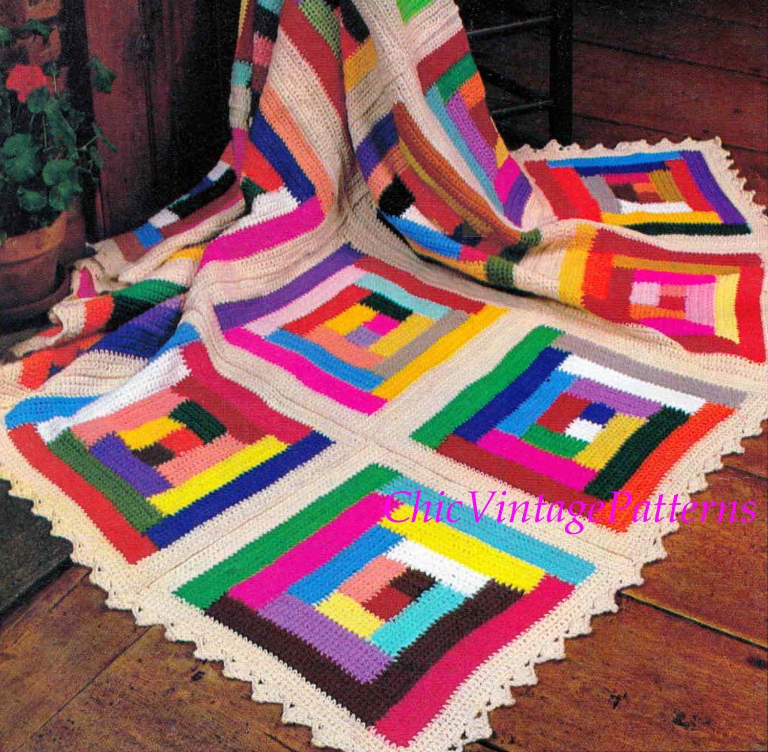 Crochet Afghan Rug Pattern, Vintage Log Cabin Rug, Instant Download