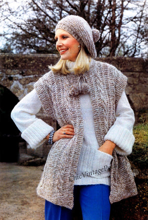 Knitted Ladies Jacket and Beret Pattern, Ladies Gilet, Instant Download